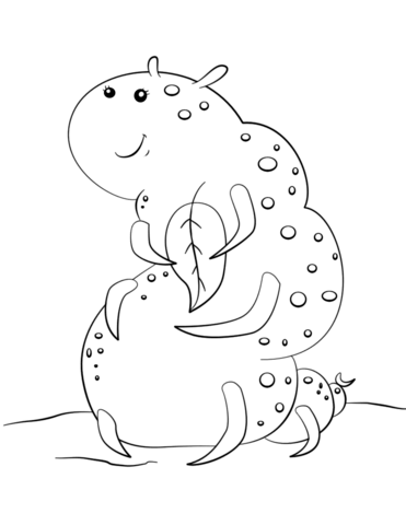 Cute Cartoon Caterpillar Holding A Leaf Coloring Page